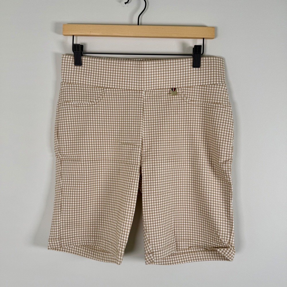 Tommy Hilfiger Gingham Pull On Bermuda Shorts Plaid 10 Tan White Check Stretch